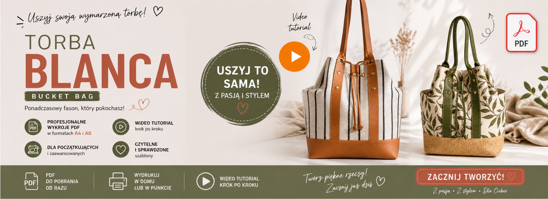 Jak uszyć torbę BLanca? Bucket Bag z półokrągłymi uchwytami kieszeń kominowa wykrój wideo tutorial z instrukcją szycia Kamila Plasun