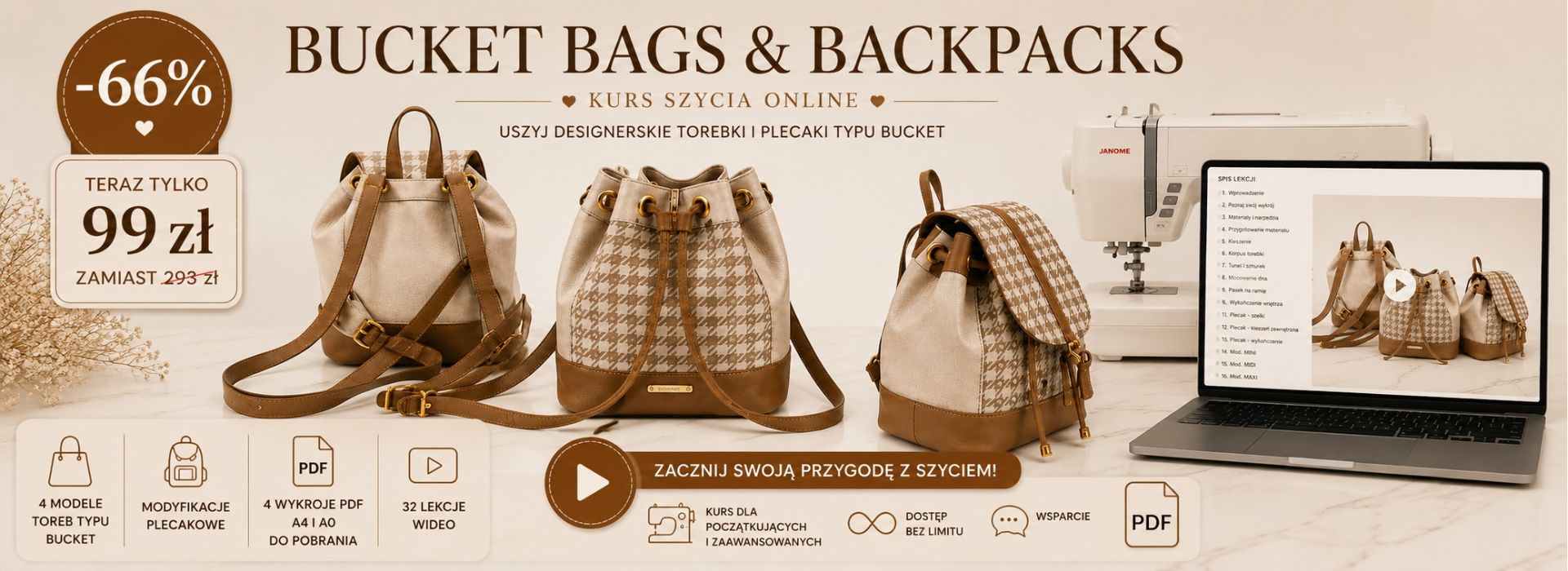 torebka i plecak typu bucket bag kurs szycia online wykroje