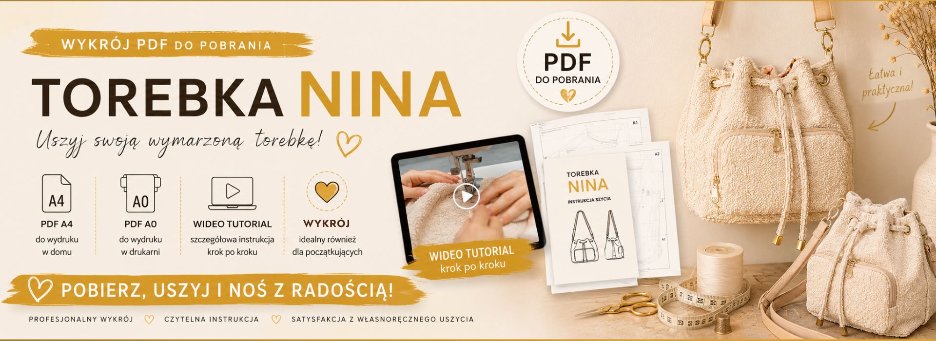Nina bucket bag wykroje PDF wideo tutorial z instrukcją szycia