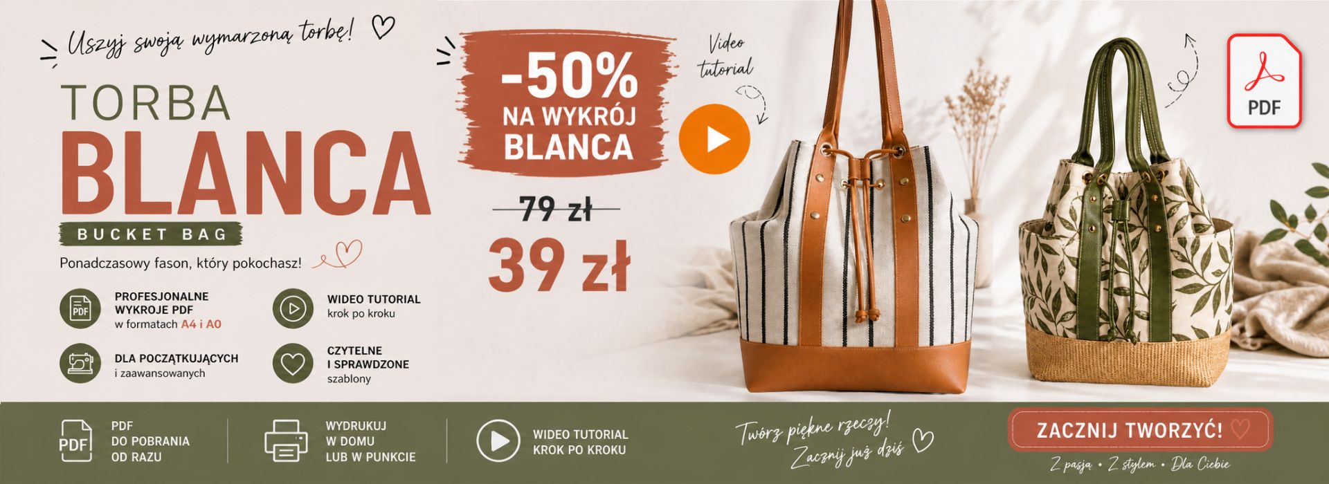 Jak uszyć torbę BLanca? Bucket Bag z półokrągłymi uchwytami kieszeń kominowa wykrój wideo tutorial z instrukcją szycia Kamila Plasun