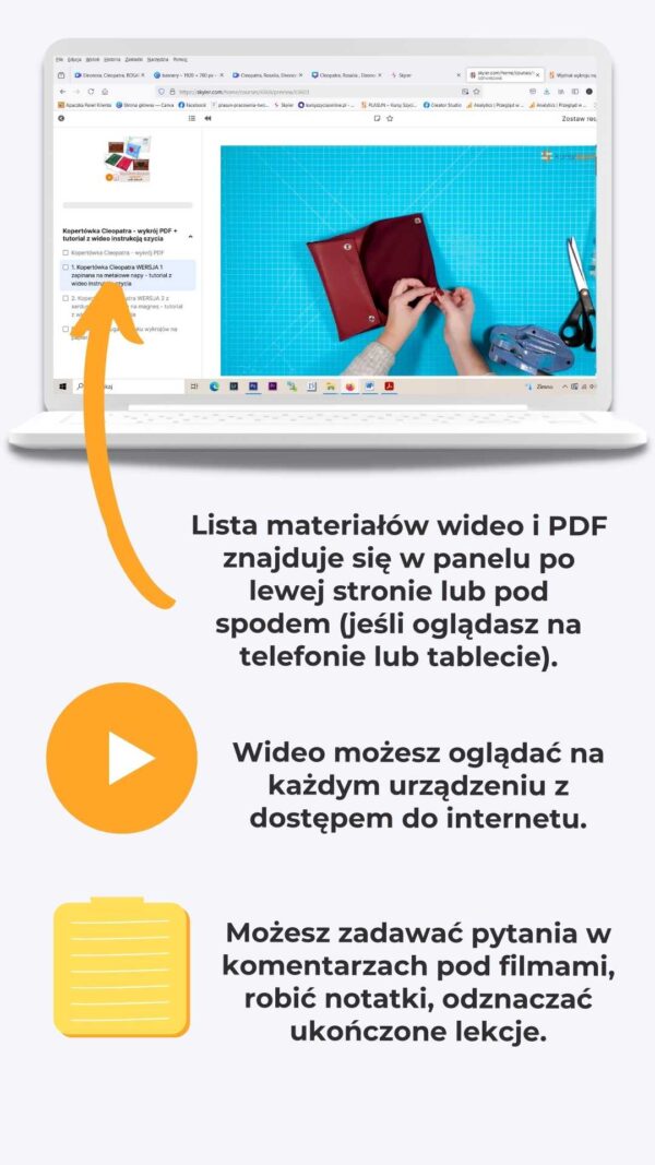 Kopertówka Cleopatra wykroje PDF wykroje na torebki tutoriale wideo instrukcja szycia