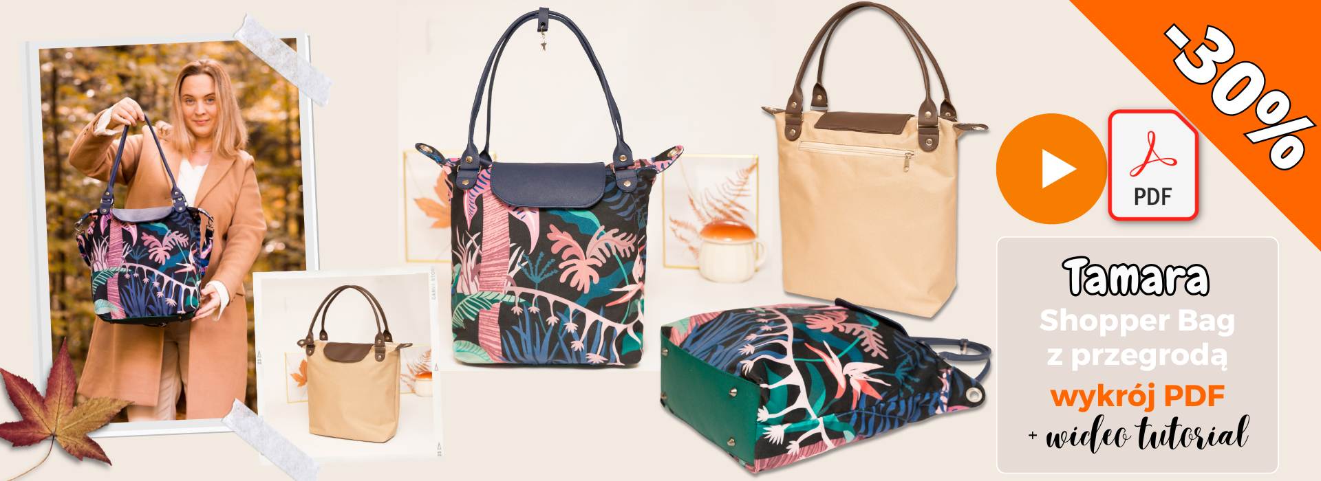Torba Tamara shopper bag z przegrodą wykroje PDF wideo tutorial z instrukcją szycia