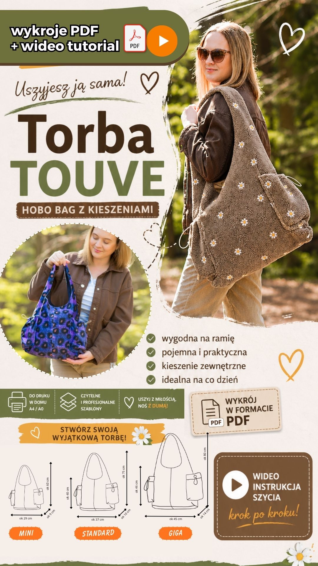 TOUVE hobo bag z kieszeniami wykroje PDF w 3 rozmiarach + wideo tutorial z instrukcją szycia