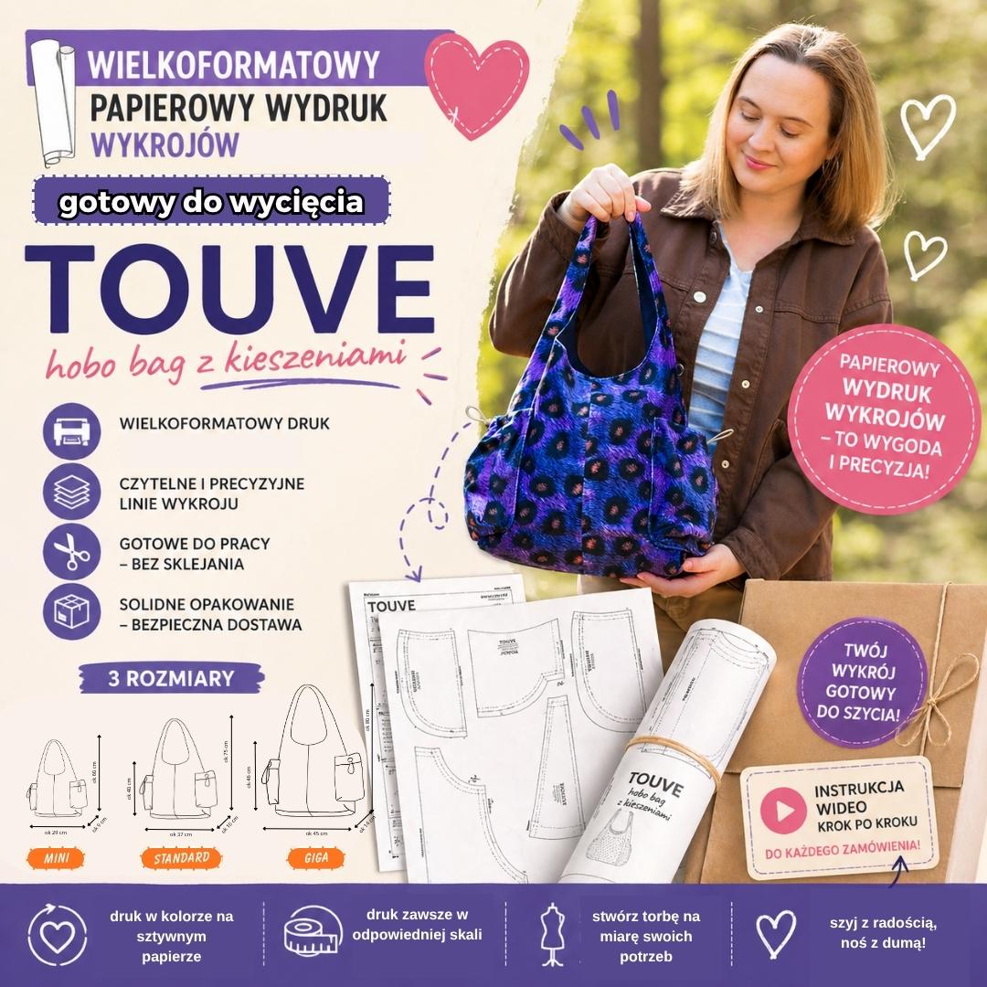 TOUVE hobo bag z kieszeniami wykroje PDF w 3 rozmiarach + wideo tutorial z instrukcją szycia