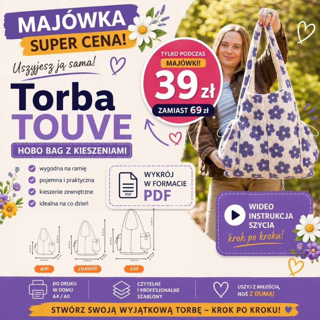 TOUVE hobo bag z kieszeniami wykroje PDF w 3 rozmiarach + wideo tutorial z instrukcją szycia