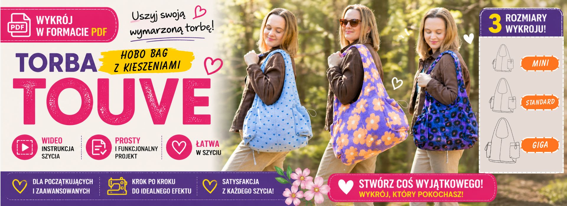 TOUVE hobo bag z kieszeniami wykroje PDF w 3 rozmiarach + wideo tutorial z instrukcją szycia