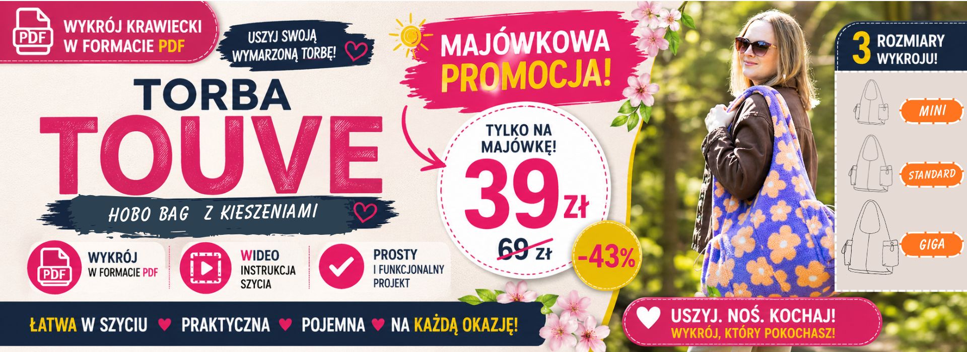 TOUVE hobo bag z kieszeniami wykroje PDF w 3 rozmiarach + wideo tutorial z instrukcją szycia