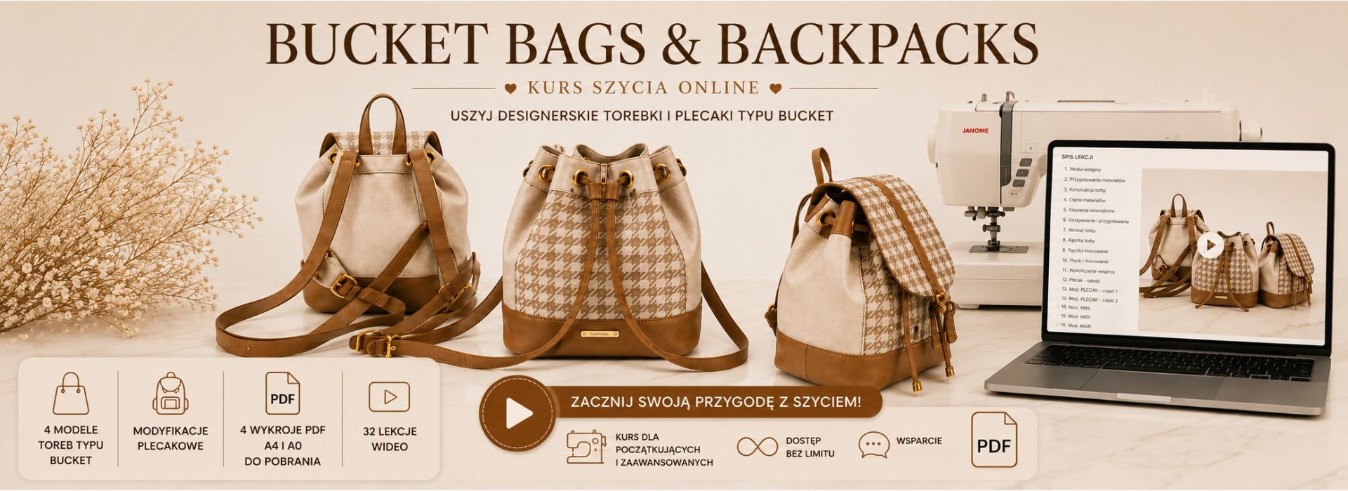 torebka i plecak typu bucket bag kurs szycia online wykroje