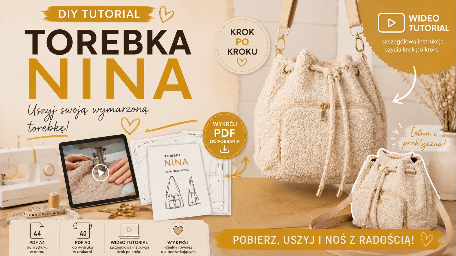 Nina bucket bag wykroje PDF wideo tutorial z instrukcją szycia