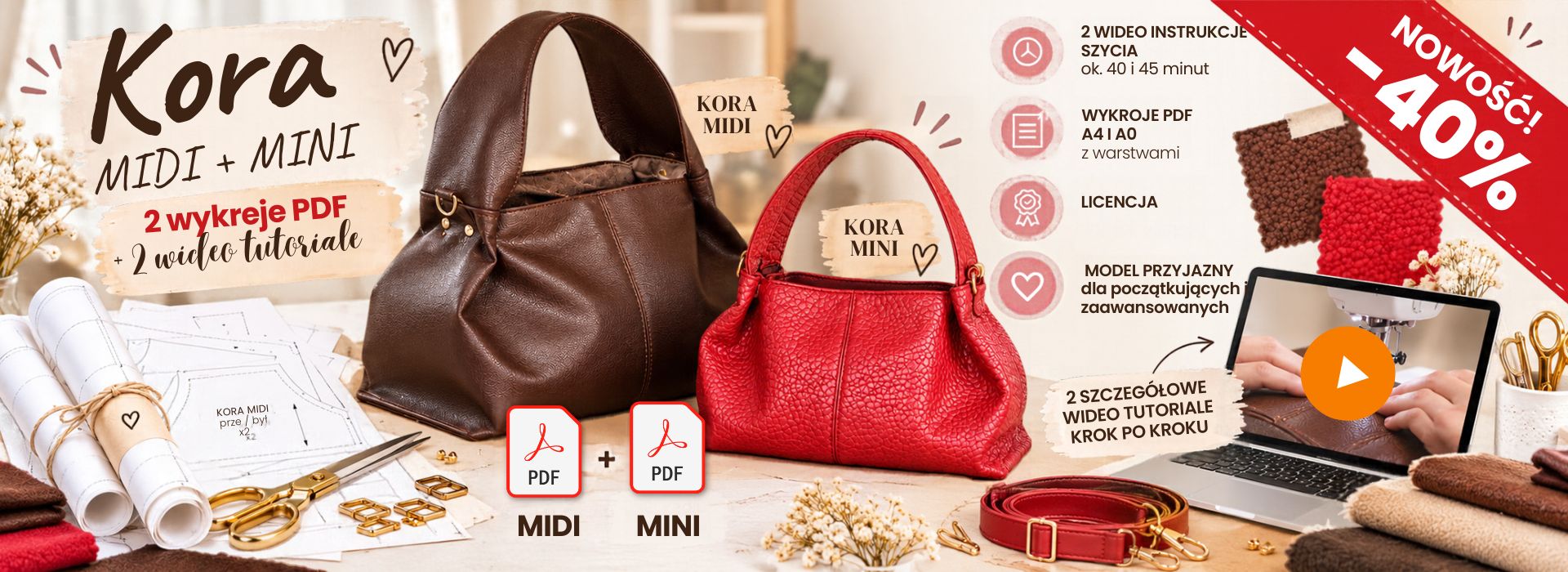 Torebka KORA mini + midi, wykroje PDF wideo tutorial z instrukcją szycia krok po kroku